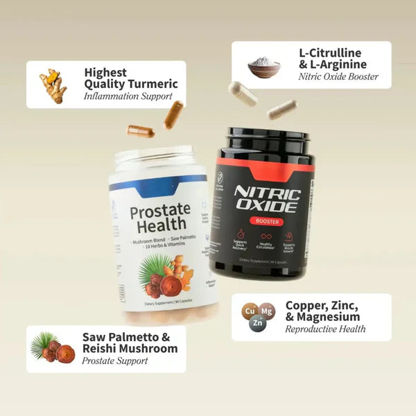 Nitric Oxide Booster™ + Prostate Health en pack 2x1: con Saw Palmetto 🌴, Hongos medicinales, Licopeno, L-Arginina ⚡ y Beta-Alanina 🔥